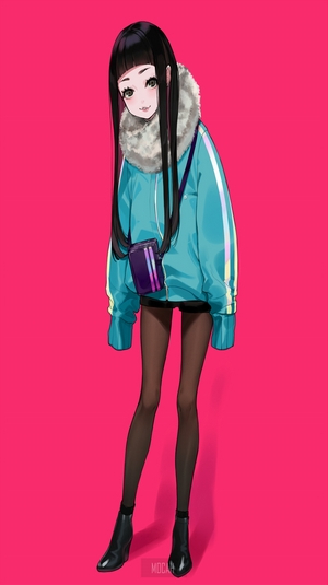 Anime girl with black hair and blue jacket