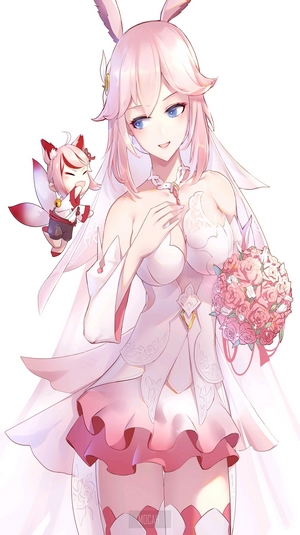 Yae Sakura in a wedding dress with a fox spirit