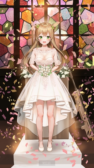 Anime girl in wedding dress holding flowers