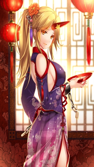 Anime girl with blonde hair and horns in a kimono