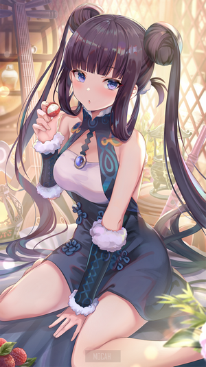 Anime girl with dark hair and blue eyes holding a fruit
