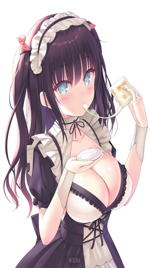 Anime maid girl eating cheese toast