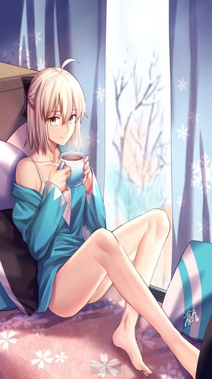 Artoria Pendragon from Fate Series holding a mug