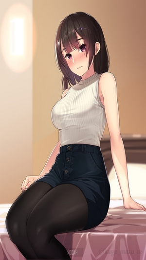 Anime girl with short hair wearing a white top and shorts