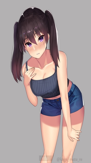 Anime girl with twintails and purple eyes wearing shorts