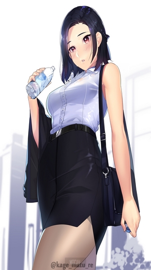 Anime girl in business attire drinking water