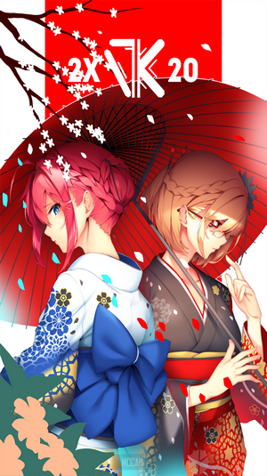 Anime girls in kimonos under umbrellas