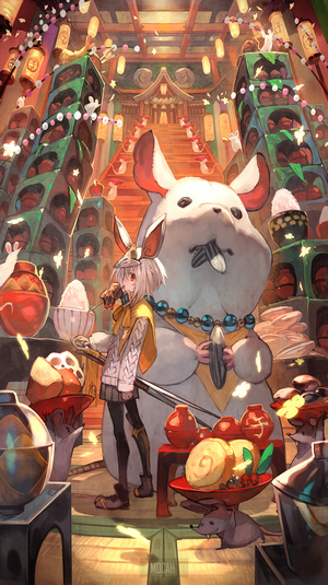 Anime girl and giant rat in a shrine
