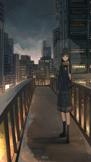 Anime girl with umbrella in city at night