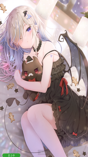 Anime girl with bat wings and plush toy