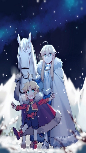 Artoria Pendragon and Mordred with a horse in snow
