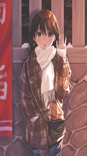 Anime girl in plaid jacket and scarf
