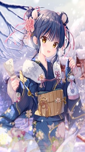 Anime girl in kimono in winter
