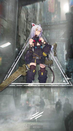 Scavenger from Arknights in a futuristic city