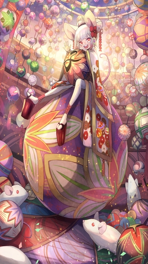 Anime girl with mouse ears and kimono surrounded by lanterns