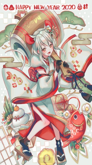 Anime girl with mallet and New Year decorations