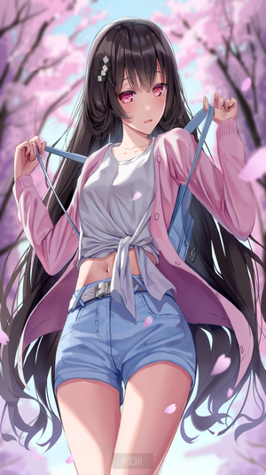 Anime Girl with Long Dark Hair and Pink Eyes Outdoors