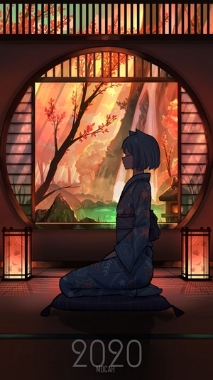 Serene Anime Girl Meditating by Autumn Window