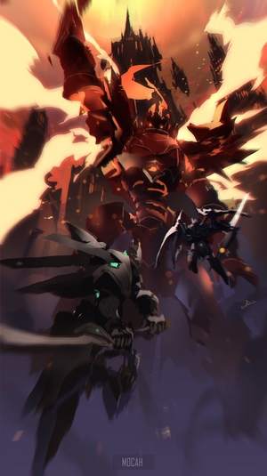 Giant Fiery Demon and Mechs in a Fantasy City