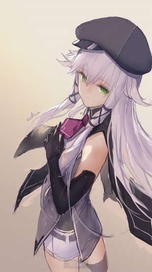 Anime girl with white hair and green eyes wearing a hat