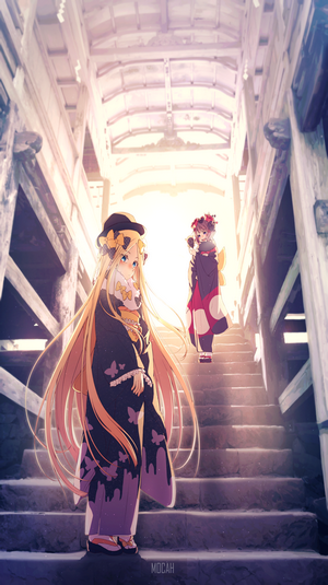 Two anime girls in kimonos on a wooden bridge