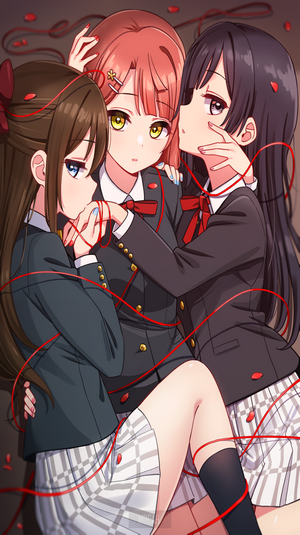 Three anime girls in school uniforms with red strings