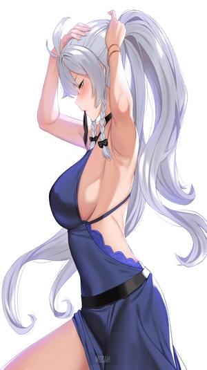 Anime girl with long white hair in a blue dress
