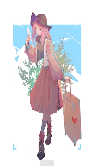 Anime girl with pink hair and a suitcase