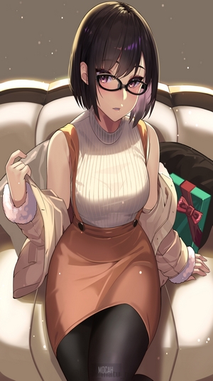 Anime girl with glasses sitting on a couch
