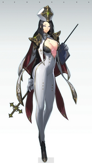 Anime girl in religious attire holding a staff and book