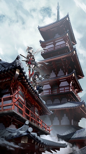 Anime girls with swords on a pagoda rooftop