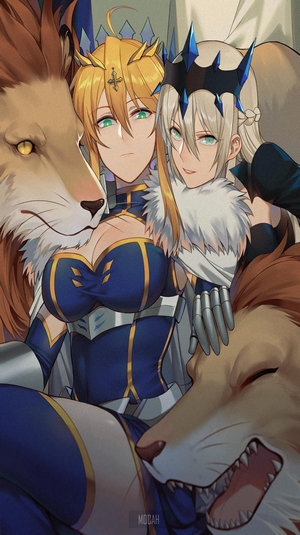 Two anime girls with lions