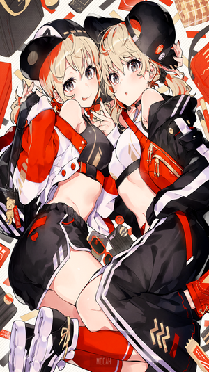 Two anime girls in streetwear with red and black outfits