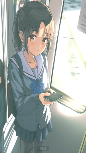 Anime girl with dark hair holding a smartphone