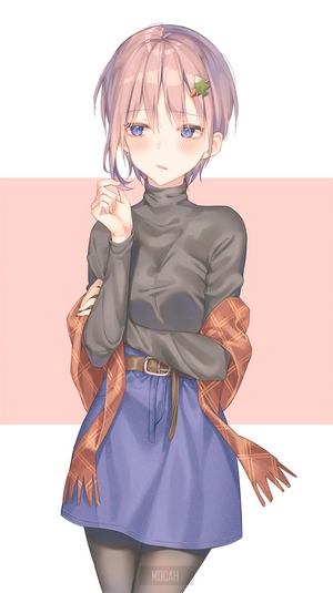 Anime girl with short pink hair wearing a turtleneck and skirt