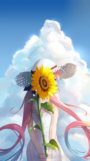 Anime girl with sunflower against cloudy sky