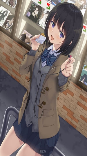 Anime girl with headphones eating snack