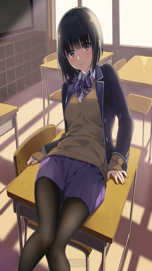 Anime girl in school uniform sitting at a desk