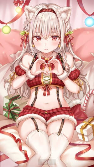 Anime girl with cat ears in Christmas outfit making heart shape