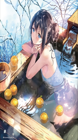 Anime girl in outdoor hot spring with oranges