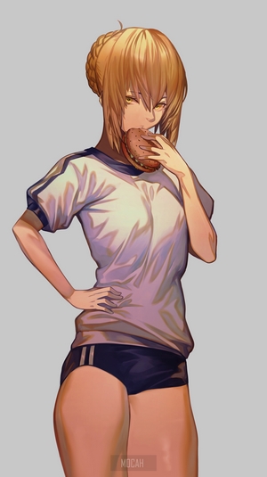 Saber Alter from Fate/Grand Order eating a burger