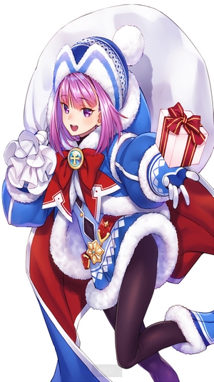 Anime girl in Christmas outfit holding gifts