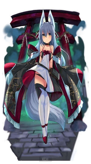 Anime girl with fox ears and tail in kimono
