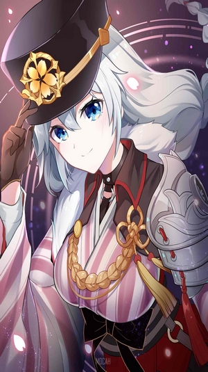 Anime girl with white hair and blue eyes wearing a hat and kimono