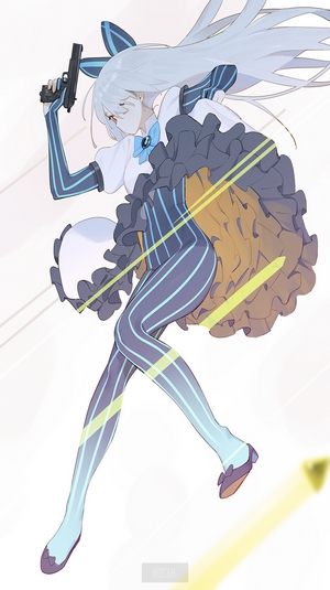 Anime girl with white hair holding a gun