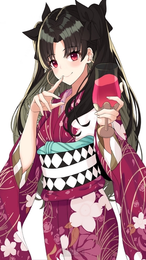 Rin Tohsaka from Fate/stay night in a kimono holding wine
