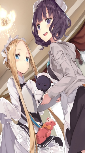 Two anime girls with a teddy bear and a creature