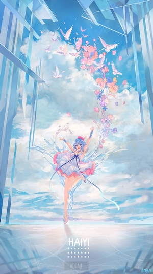 Anime girl dancing with flowers and birds