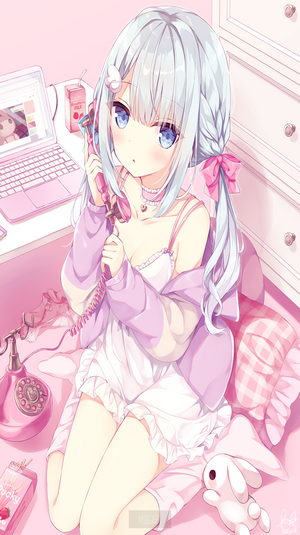 Anime Girl with Silver Hair and Pastel Room
