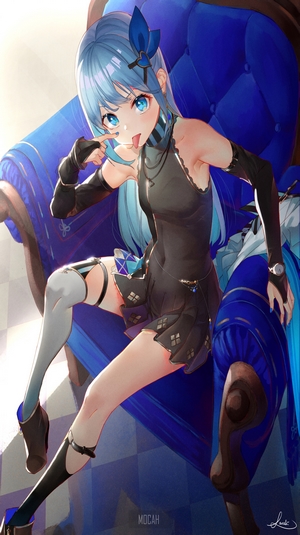 Anime girl with blue hair sitting on a chair